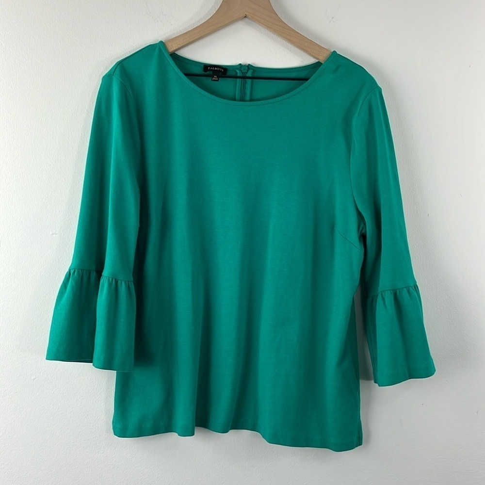 Talbots Green Cotton Flare Bell Sleeve Zip Back Top Womens Size XL Colorful Boho